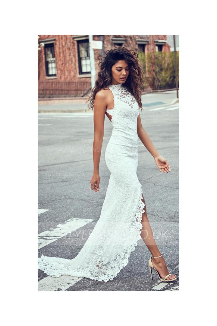Sexy Open Back Bohemian Ivory Lace Long Wedding Dress 