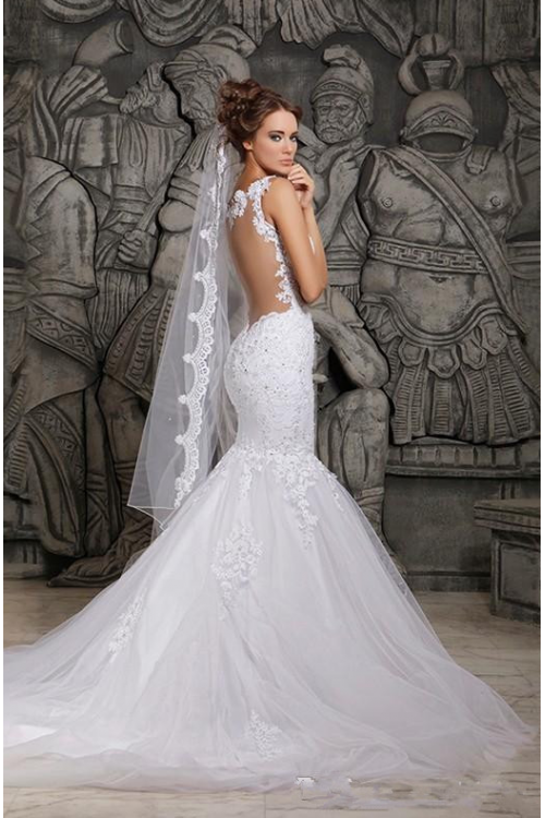  Mermaid Shoulder Straps Sleeveless Appliques Lace Long Tulle Wedding Dresses