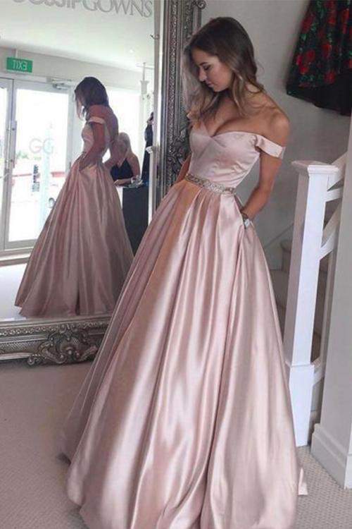 Off The Shoulder Floor-length Long Satin Evening Dresses with Pockets