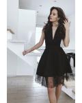 Two Piece Deep V-neck Sleeveless Satin Mini Short Little Black Dresses with Pearl Detailing Underskirt