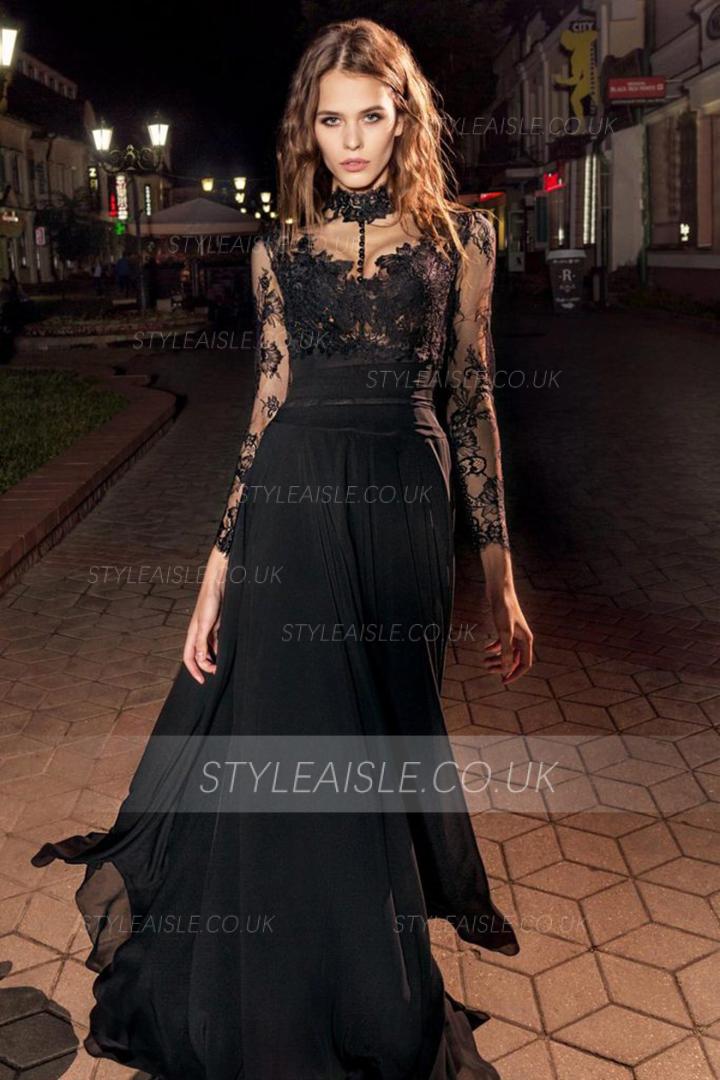  A-line High Neck Long Sleeves Buttons Floor-length Long Lace Prom Dresses