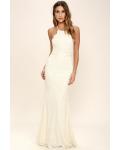 Sleeveless Halter Neck Long Sheath Lace Prom Dress Ivory
