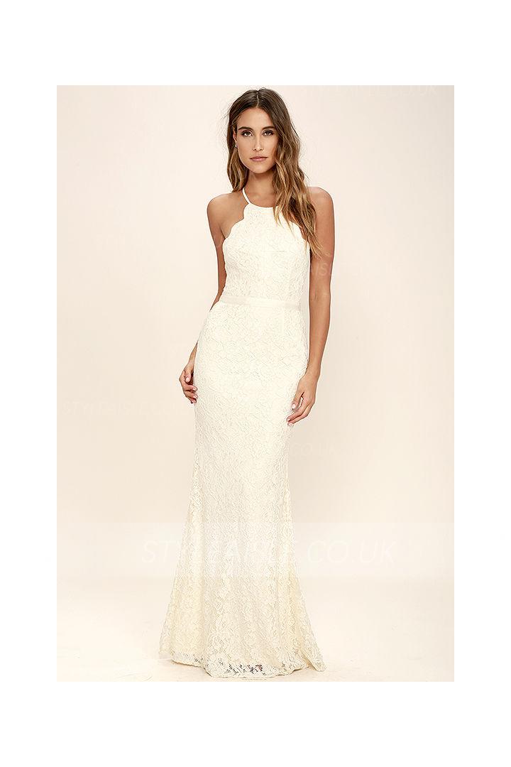 Sleeveless Halter Neck Long Sheath Lace Prom Dress Ivory