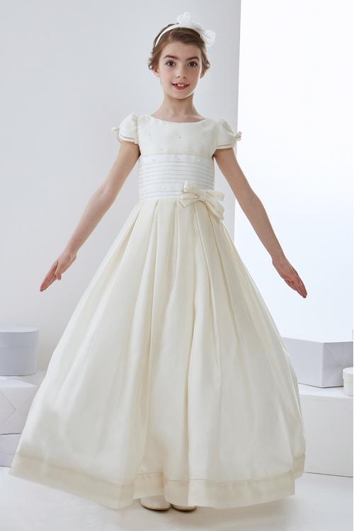  A-line Jewel Neck Short Sleeve Bow(s) Pearl Detailing Floor-length Long Communion Dresses