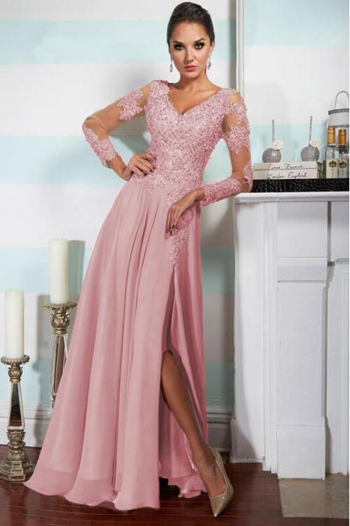 HOt Sale Long Sleeved Beaded A-line Split Chiffon Long Prom Dress 