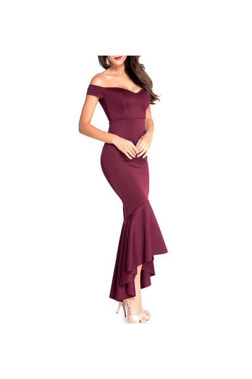 Mermaid Burgundy Off Shoulder Satin Tea Length Prom Dress 