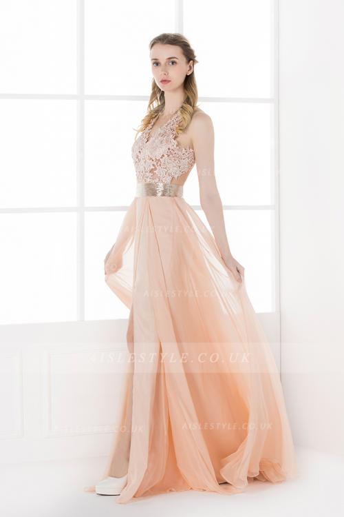 Sexy Lace Appliques Long A-line Chiffon Backless Prom Dress with Slit