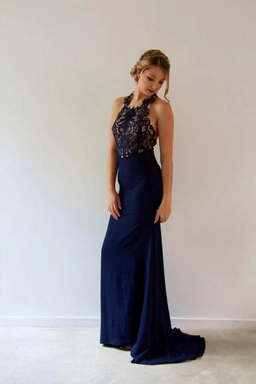  Navy Blue Sheath/Column Halter Neck Sleeveless Lace Sweep/Brush Train Long Chiffon Prom Dress