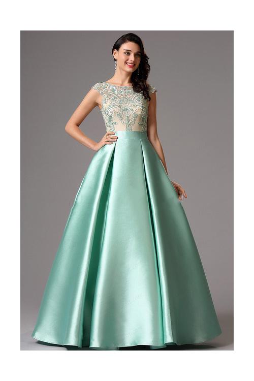 Bateau Neck Long A-line Mint Green Satin Prom Dress with Cap Sleeves