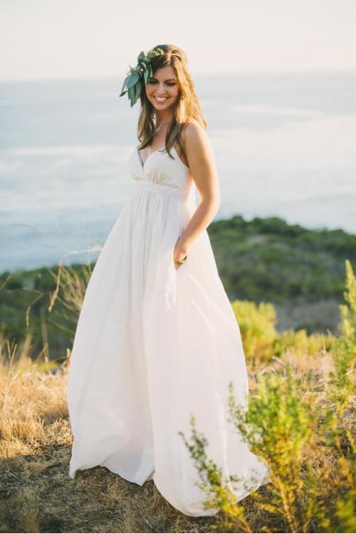 Empire Waist Spaghetti Straps Ball Gown Taffeta Beach Wedding Dress 