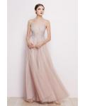  A-line Deep V-neck Sleeveless Empire Waist Lace Floor-length Long Tulle Prom Dresses with 2 Sashes