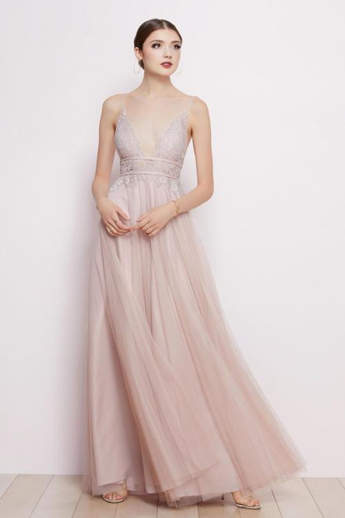  A-line Deep V-neck Sleeveless Empire Waist Lace Floor-length Long Tulle Prom Dresses with 2 Sashes