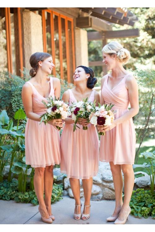  A-line V-neck Sleeveless Pleated Knee-length Short Bridesmaid Dress