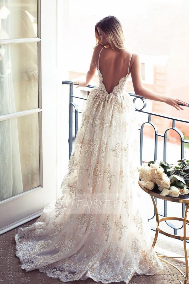 Boho Vintage Spaghetti Straps Long Backless Wedding Dress 