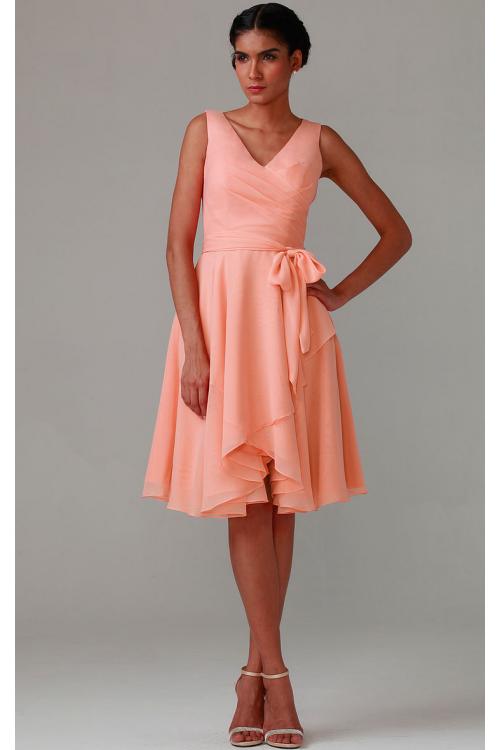 Knee-length V-neck Natural Chiffon A-line Bridesmaid Dresses