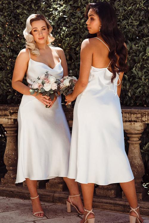  Sheath/Column Spaghetti Straps Sleeveless Tea-length Long Charmeuse Bridesmaid Dresses