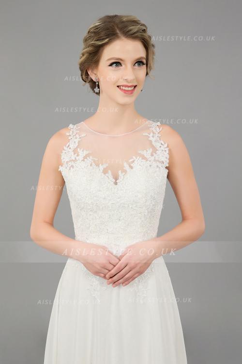 Illusion Neck Lace Appliques Long Ivory Empire A-line Chiffon Beach Wedding Dress with Cape