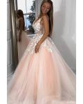 Elegant V-neck Sleeveless Lace Appliques Floor-length Long Tulle Prom Dress