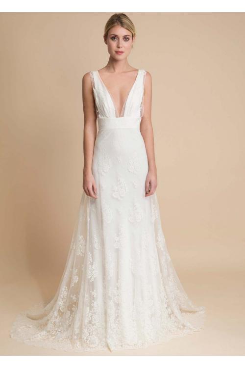Sexy Ivory A-line Deep V-neck Sleeveless Lace Sweep Train Long wedding dresses