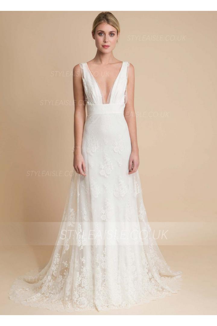 Sexy Ivory A-line Deep V-neck Sleeveless Lace Sweep Train Long wedding dresses