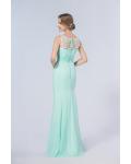 Illusion Scoop Neck Lace Appliqued Sheath Mint Green Chiffon Long Bridesmaid Dress 