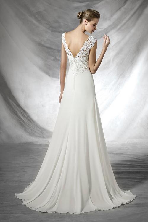 Bateau Neck Cap Sleeved Sophisticated Lace Top Sheath Long Chiffon Wedding Dress 