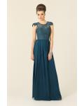 Illusion Bateau Neck Column Lace Bodice Long Chiffon Bridesmaid Dress 