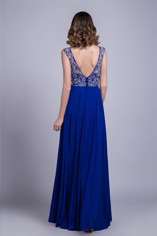 Royal Blue Scoop Neck Sleeveless Beading Floor length Long Chiffon Prom Dress with A V-back