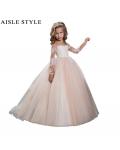 Lovely Blush Boho Inspired Lace Overlay Long Sleeved Off Shoulder Ball Gown Flower Girl Pageant Dress