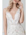  A-line V-neck & Mesh Neckline Sleeveless Court Train Long Wedding Dresses with Removable Beading Sash (Picture shown - Ivory Dress with a layer of champagne tulle inside)