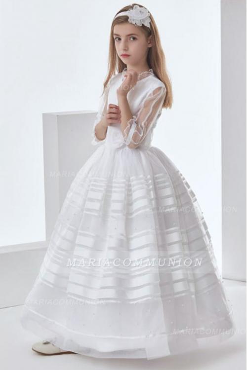 Nectarean Jewel Neck Bow(s) Pearl Detailing Floor-length Long Organza Communion Dresses