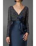  Sheath/Column V-neck Long Sleeves Beading Tulle Bodice Bow Split Knee-length Short Satin Cocktail Dresses with Buttons Back