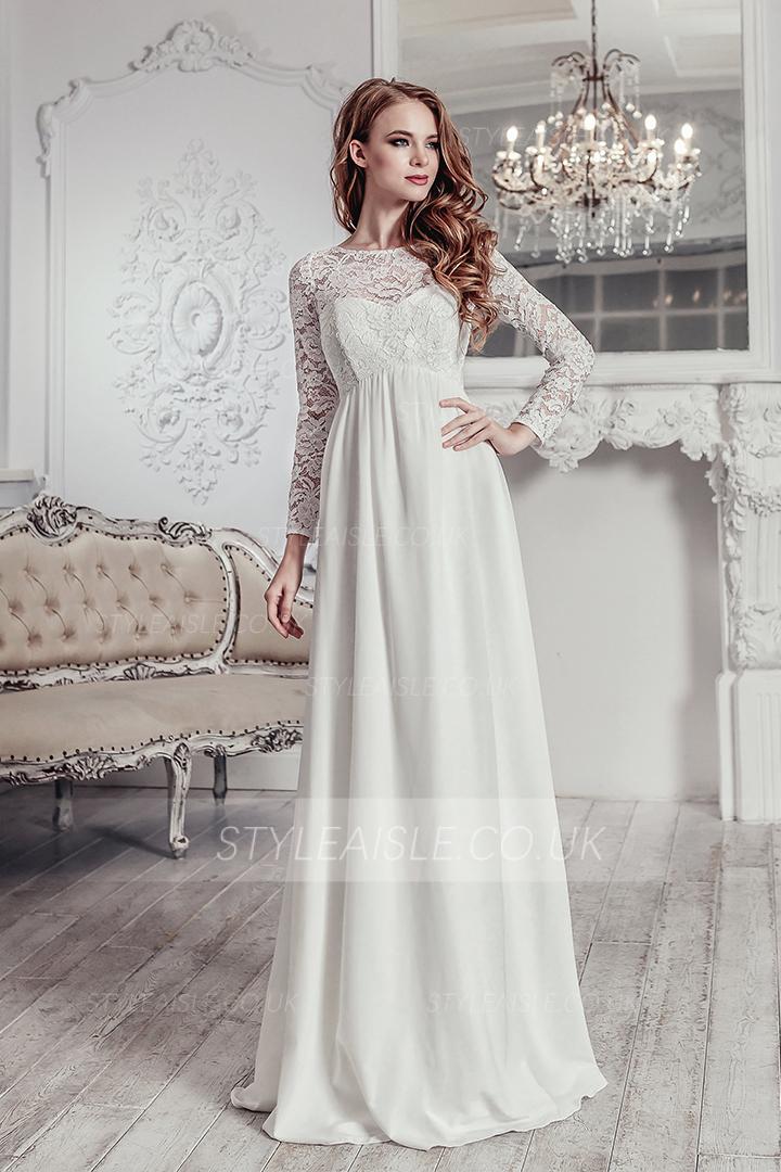 Reception Jewel Neckline Long Sleeve Lace Floor-length Long Chiffon Wedding Dresses with Keyhole Back