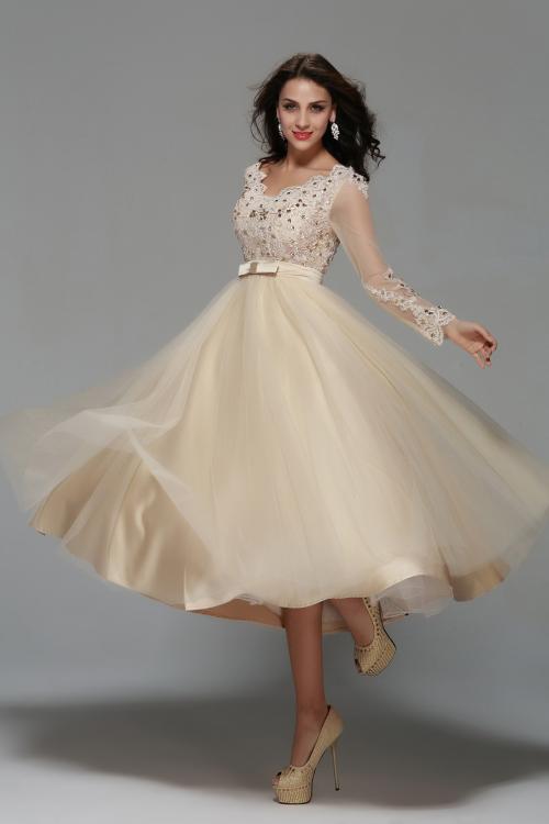 Long Sleeve Lace Tea Length A-line Champagne Tulle Short Prom Dress with Ribbon 