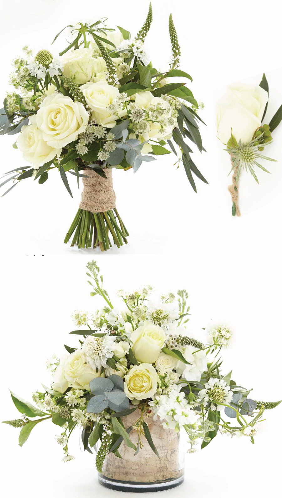 “White and ivory flowers are timeless and this classic choice of colour palette will
complement any style of wedding. These unstructured arrangements are perfect for
brides who want to create an informal, relaxed and rustic look for their big day.”|Styletheaisle.CO.UK