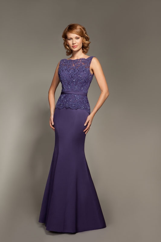 Bateau Neck Sequin Beaded Lace Bodice Sheath Long Satin Mother of the Bride Dress
