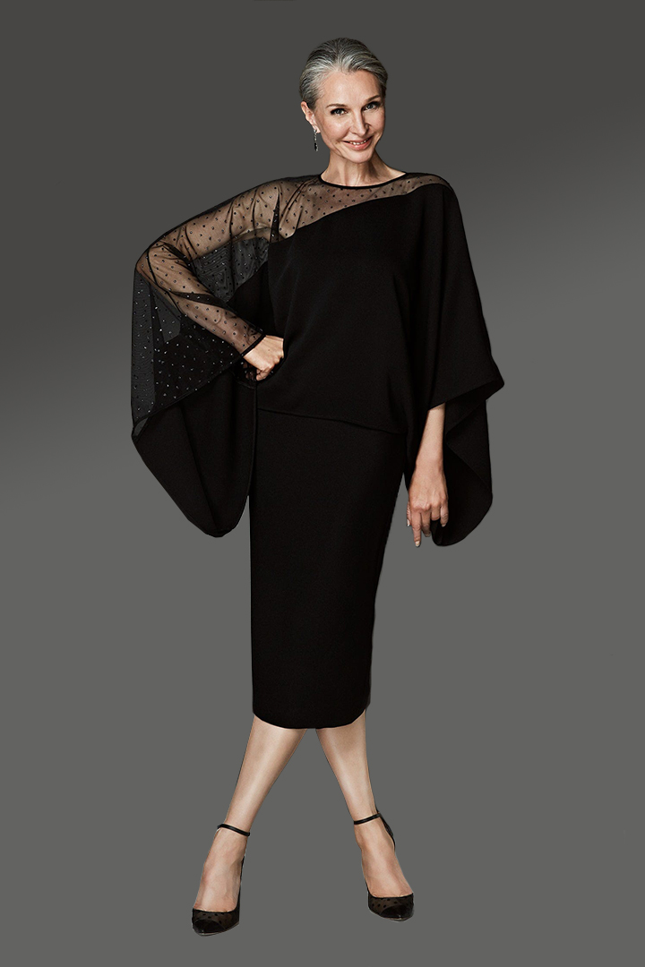 Sheath/Column Jewel Neckline Long Sleeves Beading Tea-length Short Cocktail Dresses with One Illusion Shoulder